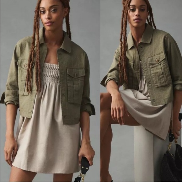 Anthropologie Dolan Utility Jacket Cropped Linen Cropped Moss Green Size L - Picture 1 of 13